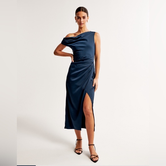 BLUE SATIN MIDI DRESS - Picture 1 of 4